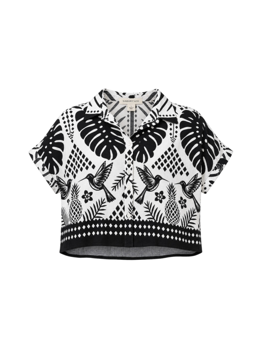 Women's Sunburst Kiss Button Down Shirt Size L Black White Tropical Print